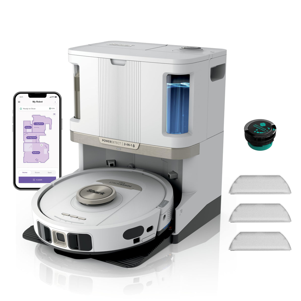 Shark PowerDetect Robot Aspirador y mopa 2 en 1, Base NeverTouch Pro con Limpieza, Carga y Vaciado automáticos, 60 días, navegación 3D y LiDAR, NeverStuck, WiFi/App, Blanco, AV2800ZEEUWH