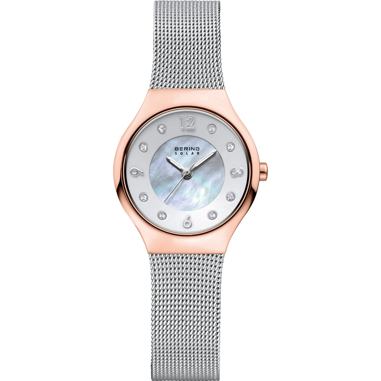 BERING 14427-060 Reloj Solar para Mujer con Caja de Acero Inoxidable de 27 mm con Acabado en Oro Rosa y Esfera Blanca, Correa milanesa, Cristal de Zafiro y Resistencia al Agua de 5 ATM