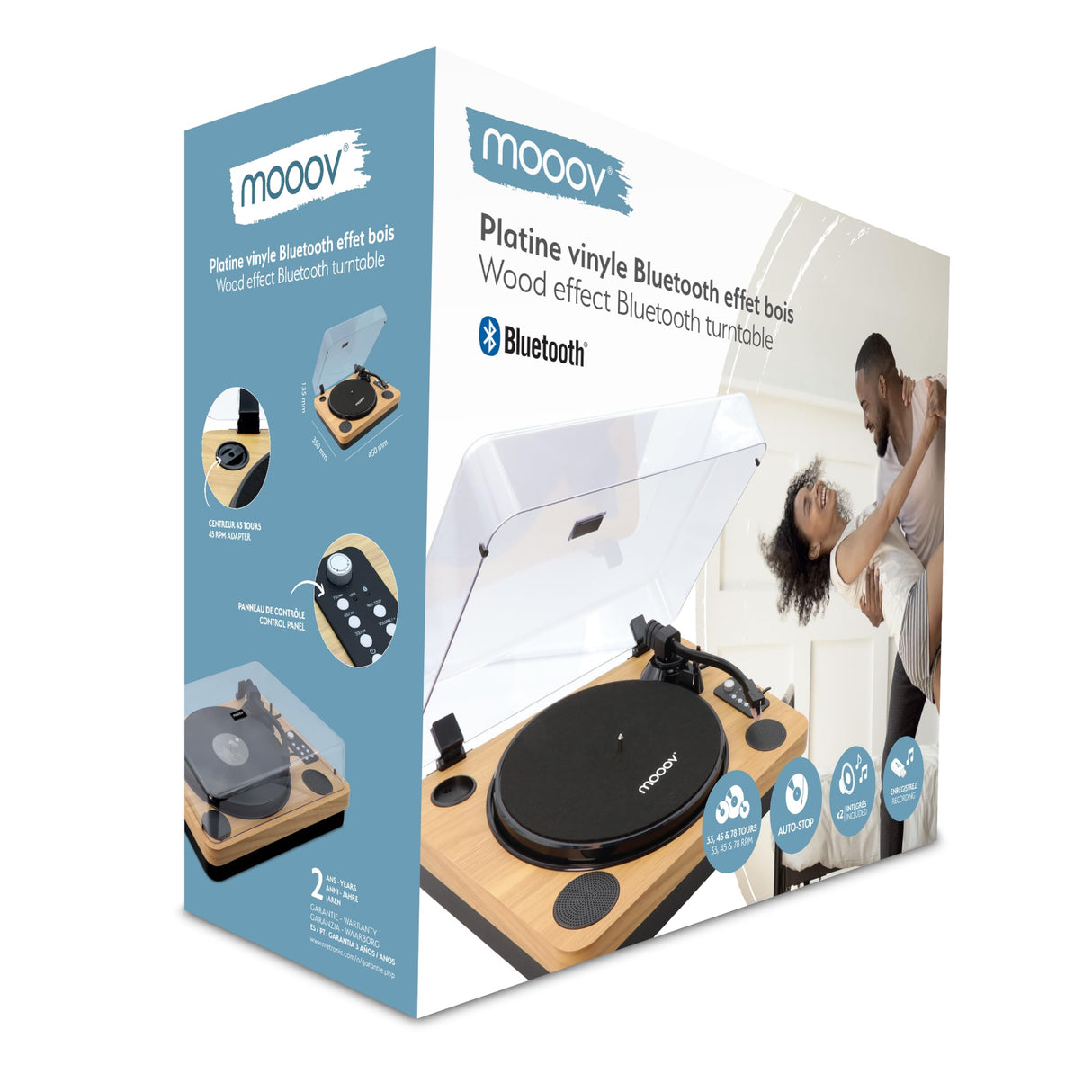 Mooov 477361 - Tocadiscos de Vinilo Bluetooth, 3 velocidades, Altavoces estéreo, Potencia 15W, Salida USB para convertir vinilos a Formato Digital, Salida RCA, Acabado en Madera Natural