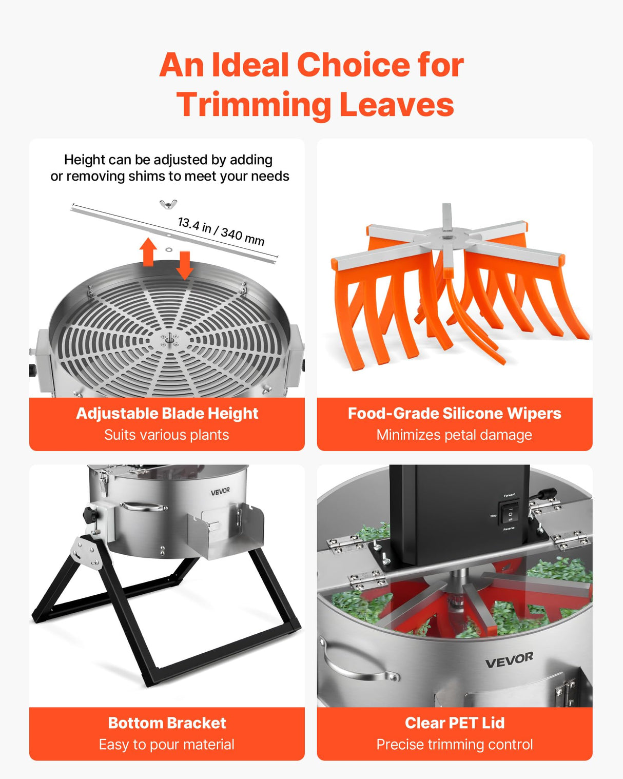 VEVOR Recortadora de Cogollos Eléctrica 370 mm con Cuchilla de Acero Inoxidable Cortador Hidropónico en Seco y Húmedo con Tapa Transparente y Bolsa de Recolección para Brotes, Hierbas Aromáticas