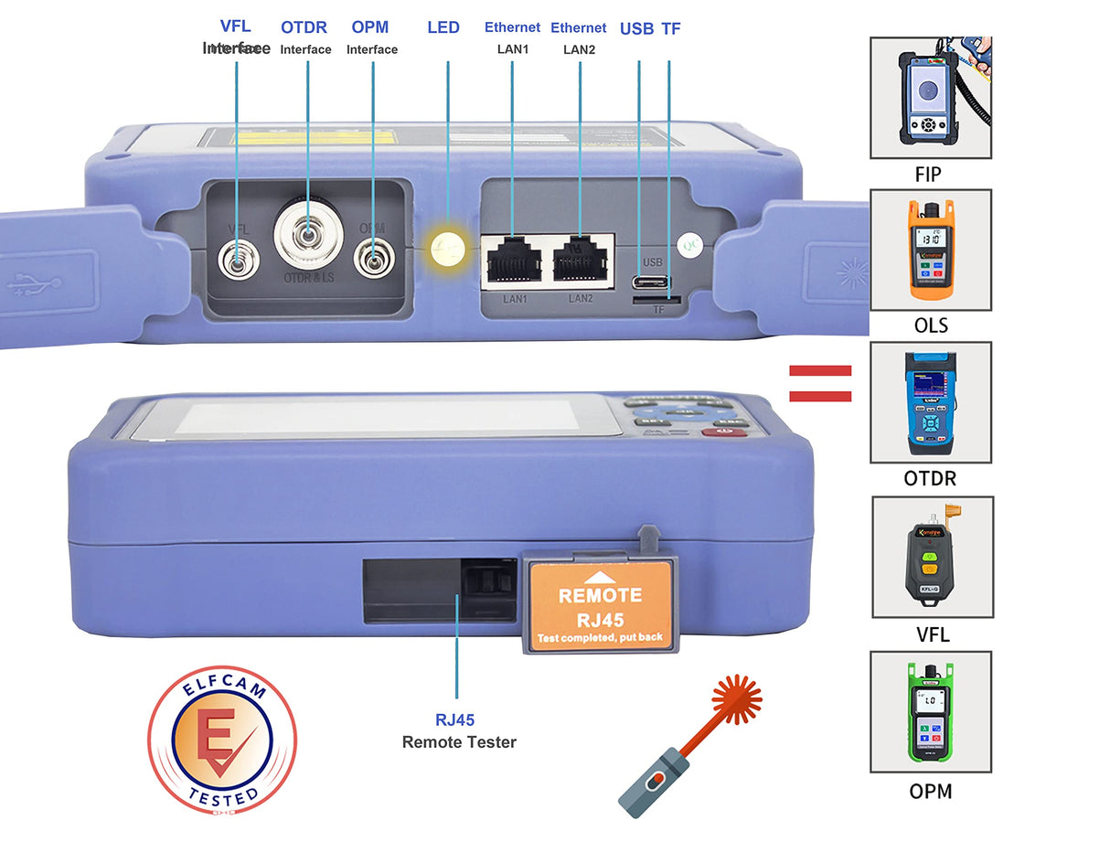 Elfcam® - OTDR para FTTH, 26dB/24dB Monomodo 1310nm / 1550nm, Portátil 4 en 1 + VFL + OPM + OLS, Probador de Fibra Óptica/Reflectómetro de Dominio Óptico, Hasta 100 km (ELF-5800)