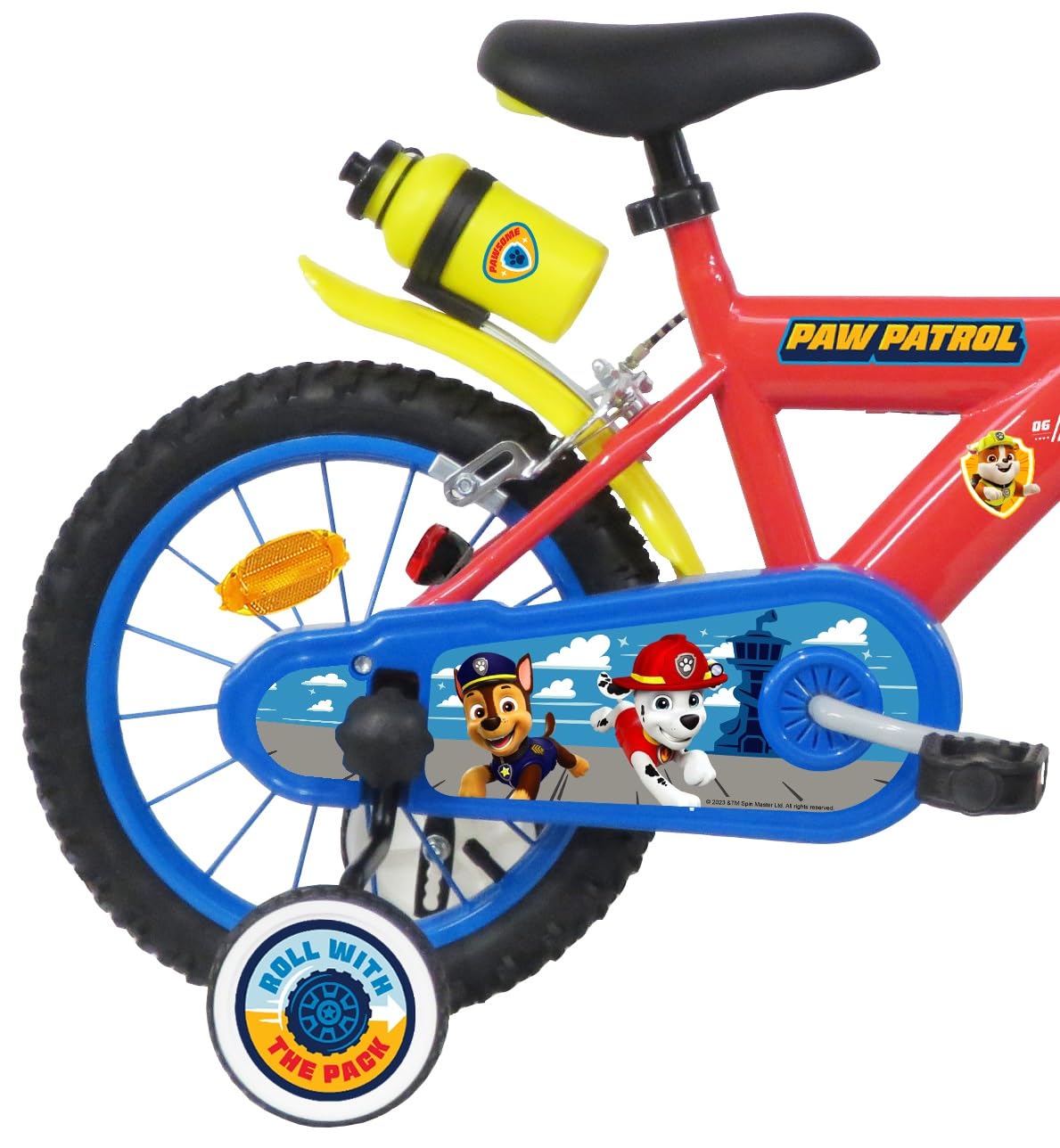 Vélo ATLAS 16 Bicicleta Infantil Pulgadas, Pat, Equipada con 2 Frenos, bidón/portabidón Guardabarros, Placa Frontal, estabilizadores extraíbles + Casco Patrulla Canina Incluido, Niños, Rojo