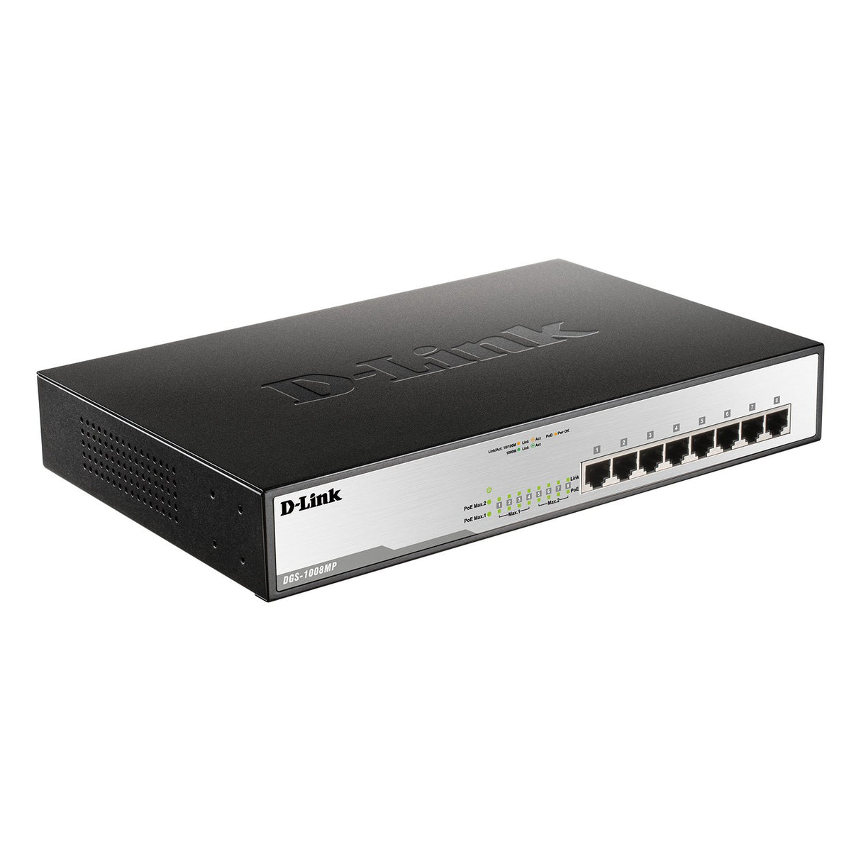 D-Link DGS-1008MP – Switch PoE Gigabit 8 puertos LAN, no gestionable layer 2, de 30 W por puerto y capacidad total de hasta 140 W, enrackable, 11” de ancho, 1U de altura