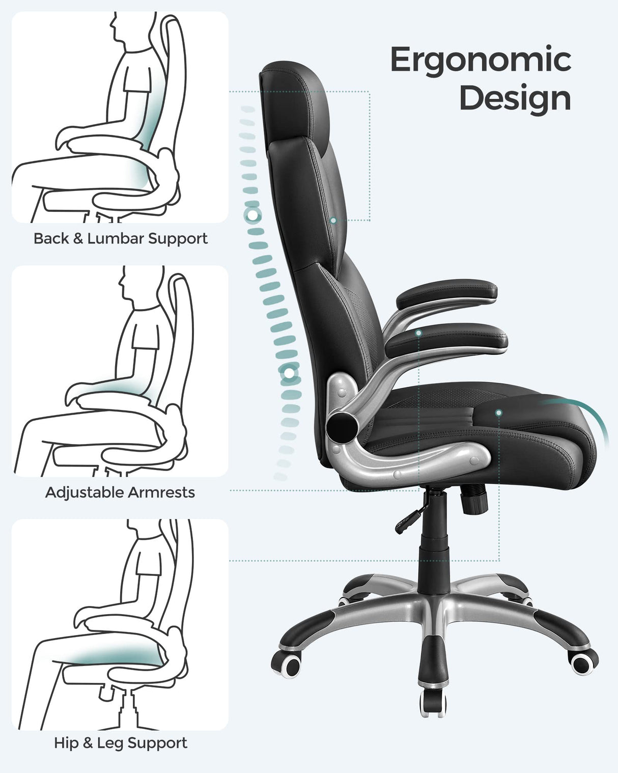SONGMICS Silla de Oficina, Silla Gaming Ergonómica, Mecanismo de Inclinación, Apoyabrazos Plegables, Ruedas Universales, Altura Ajustable, Silla Racing, Negro Tinta OBG65BK