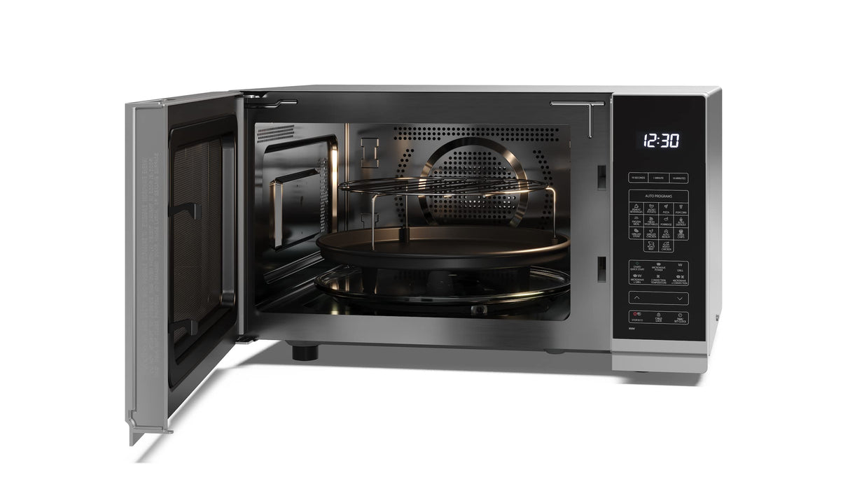 SHARP YC-PC322AE-S Microondas con grill y aire caliente (1000 W, 32 L, 10 niveles de potencia, función eco, función descongelador), color plateado y negro