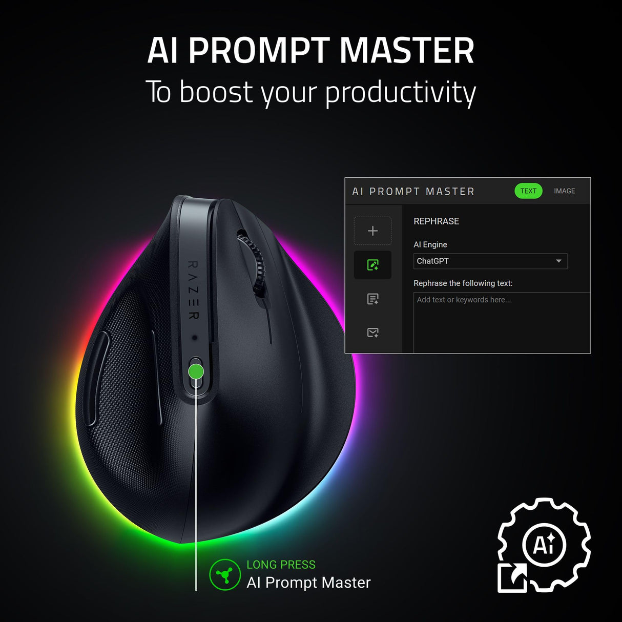 Razer Pro Click V2 Vertical - Ratón inalámbrico ergonómico Vertical para usuarios diestros - Asistencia IA Prompt - Sensor óptico 30K - Windows & Mac (hasta 6 Meses batería, Chroma RGB) Negro
