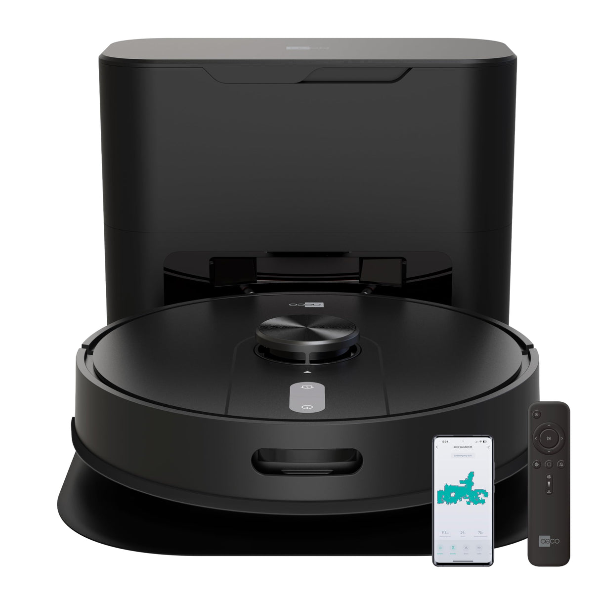 aeco VacuBot X5 Plus - Robot Aspirador y estación de aspiración, 5000 Pa de Potencia de succión/LDS navegación/120 m² de área de aspiración y Limpieza de 100 m²/duración de la batería de 160 min,