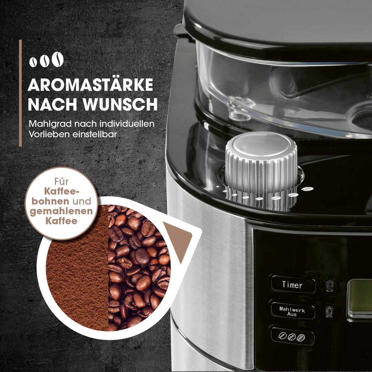 Barista Cafetera de filtro con molinillo con jarra térmica, incluye jarra térmica para hasta 10 tazas grandes de café, para granos de café y café en polvo [acero inoxidable, negro/gris