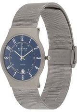 Skagen Reloj Sundby Titanium para Hombre, movimiento de cuarzo a tres agujas con Correa de Acero Inoxidable o piel, 37 mm, Gris Y Azul