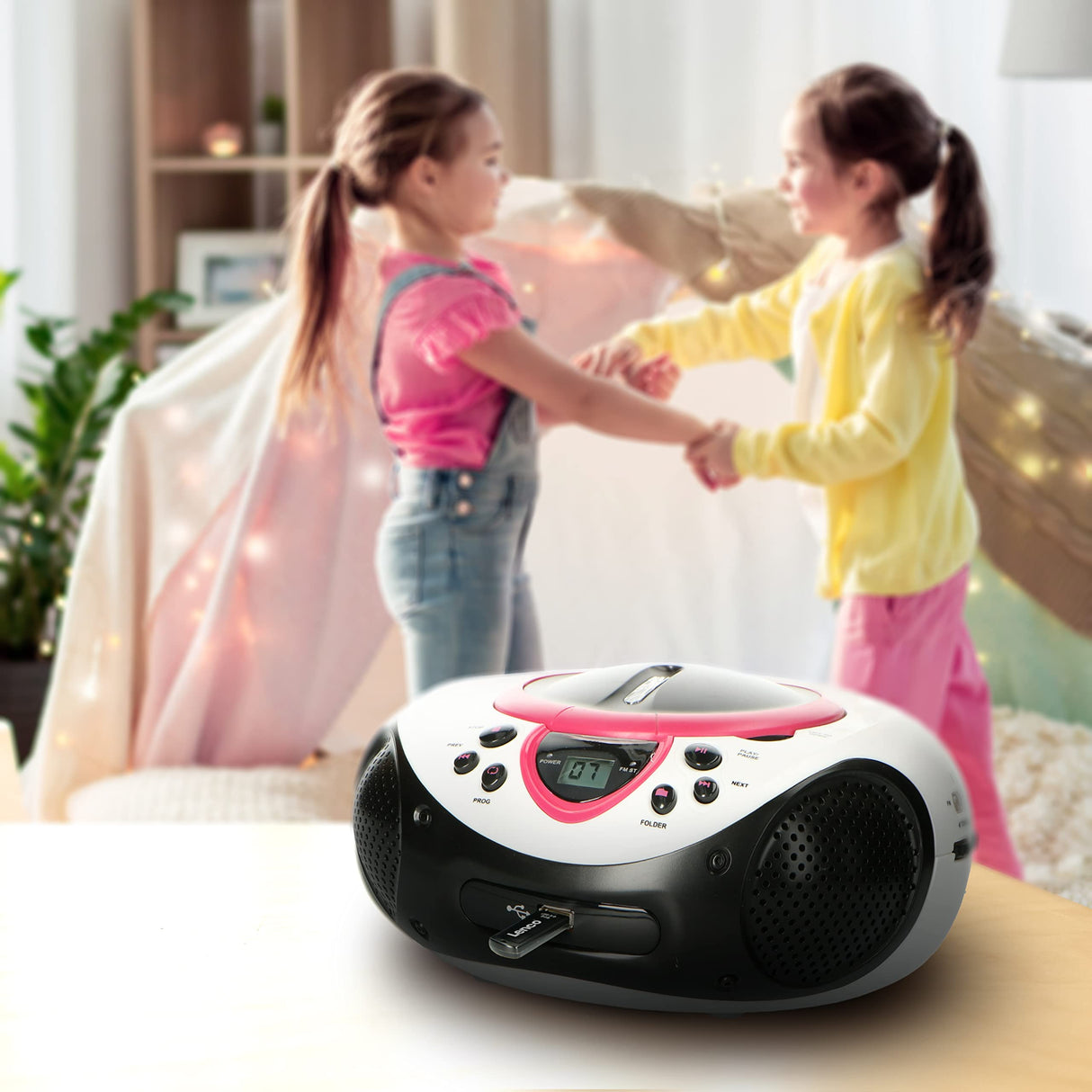 Lenco SCD-38 USB Rosa - Radio FM portátil con Reproductor de CD/MP3 - Entrada USB - Entrada AUX - Rosa