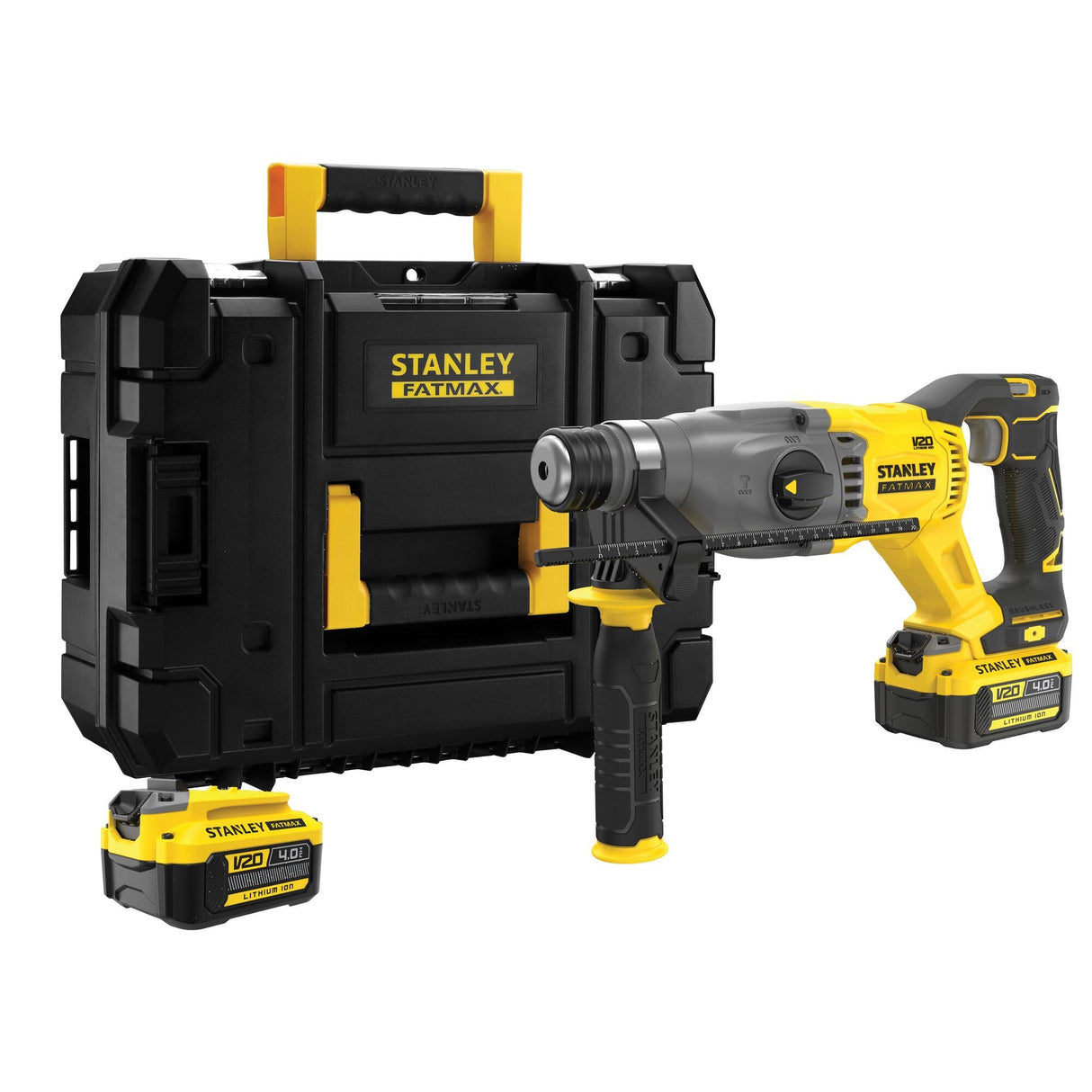 STANLEY FATMAX Martillo SDS-Plus V20 18V, Motor Sin Escobillas, 2J Impacto, 3 Modos (rotativo, percutor y cincelador), Incluye: 2 Baterías 4.0Ah, Cargador, Maletín PRO-STACK, SFMCH900M22-QW