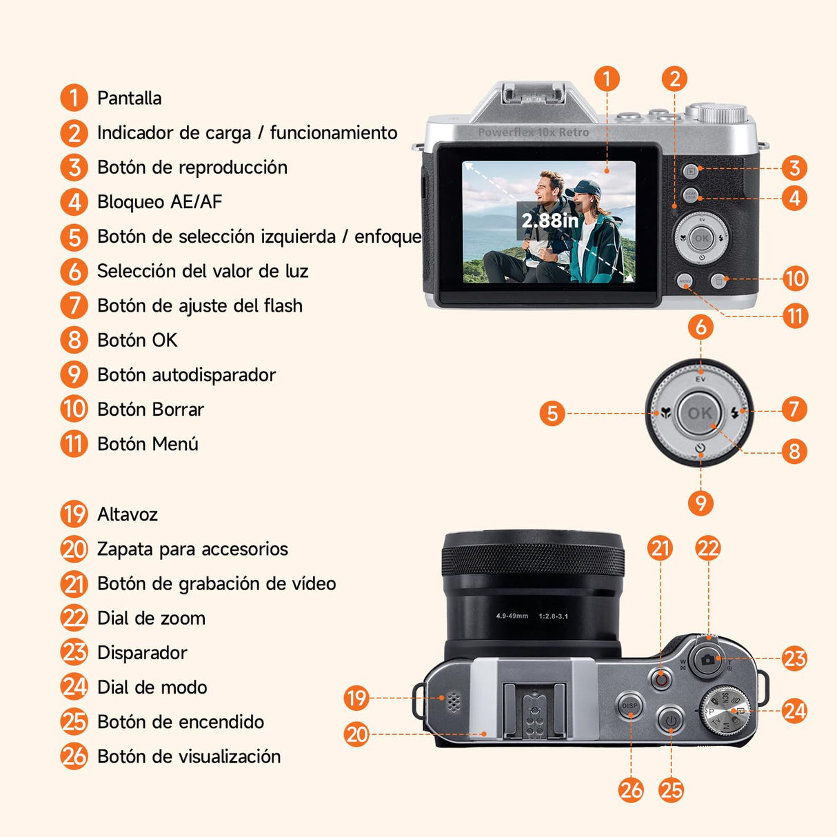 Rollei Powerflex 10x Retro Cámara Digital, 64MP 4K Camara de Fotos con Batería y Zoom Digital 10x Cámara con 8 Modos 2.88" LCD Cámara Fotografica Portátil Vintage, Cámara-Digital-Fotos-Fotografica