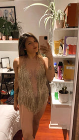 YUANTONG Body de diamantes de imitación dorado para mujer, con flecos, top de baile, leotardo, drag Queen, trajes