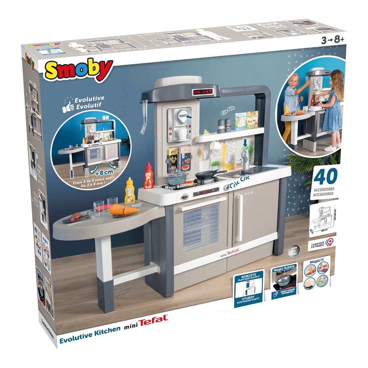 Smoby- Cocina Tefal de Juguete Evolutiva, Regulable en Altura, 40 Accesorios, con Funciones de Cocina y Mostrador Auxiliar, Adecuado a Partir de 3 años (7600312305), Multicolor, M, 312305