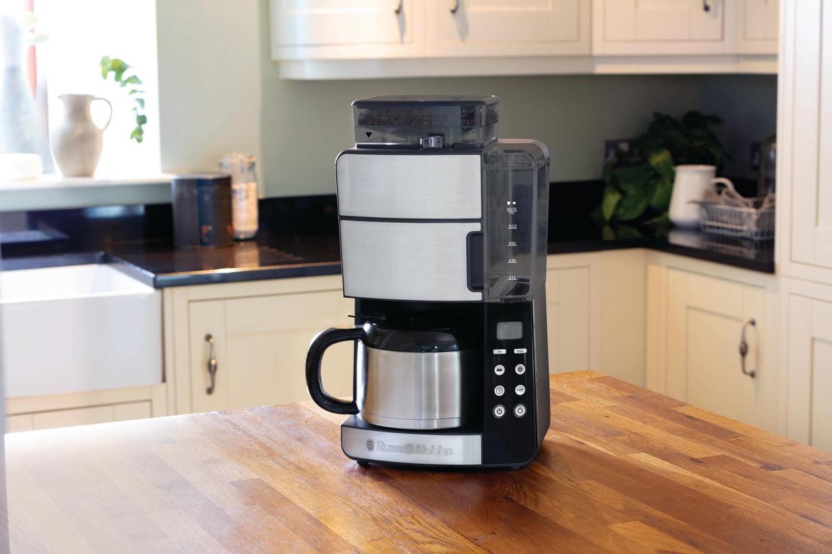 Russell Hobbs Cafetera de Goteo Grind & Brew - 10 Tazas, Jarra Térmica 1L, Molinillo para 250 g, 3 Niveles Molienda, Selector de Intensidad, Programable, Acero Inoxidable, Plata y Negro - 25620-56