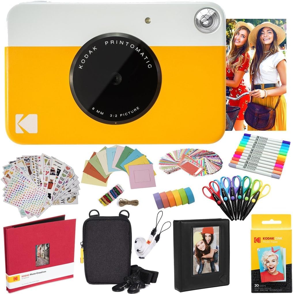 KODAK Printomatic Cámara instantánea (Amarilla) Paquete Todo Incluido con Papel fotográfico Zink (20 Hojas) y Mucho más.