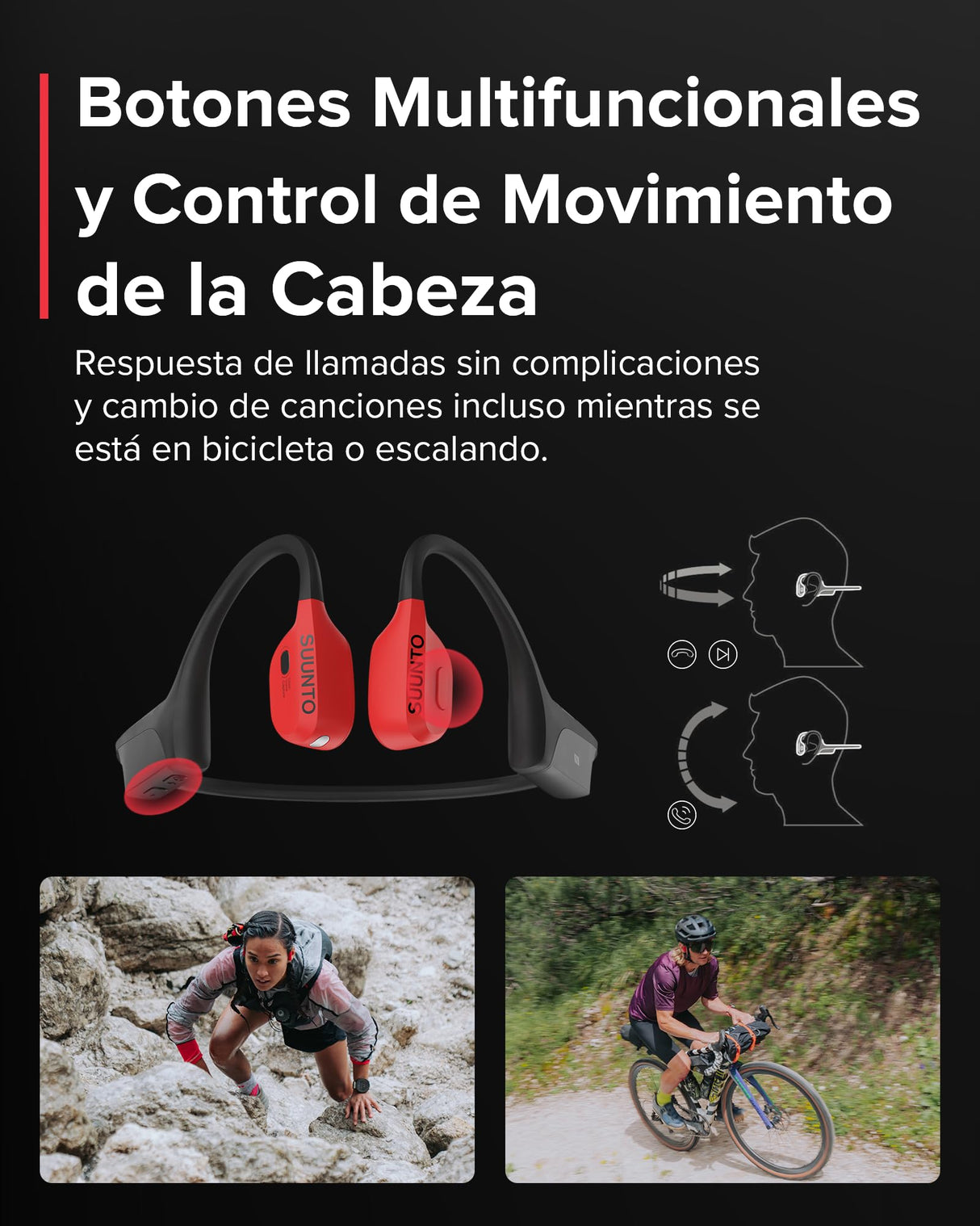 SUUNTO Wing Open-Ear Auriculares Conducción Ósea, Auriculares Deportivos Inalámbricos Bluetooth, Control Movimiento Cabeza, Micrófono HD Incorporado, Resistente al Desgaste IP67, Luces Seguridad