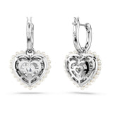 Swarovski Pendientes Idyllia, Perla de cristal, Corazón, Blancos, Baño de rodio