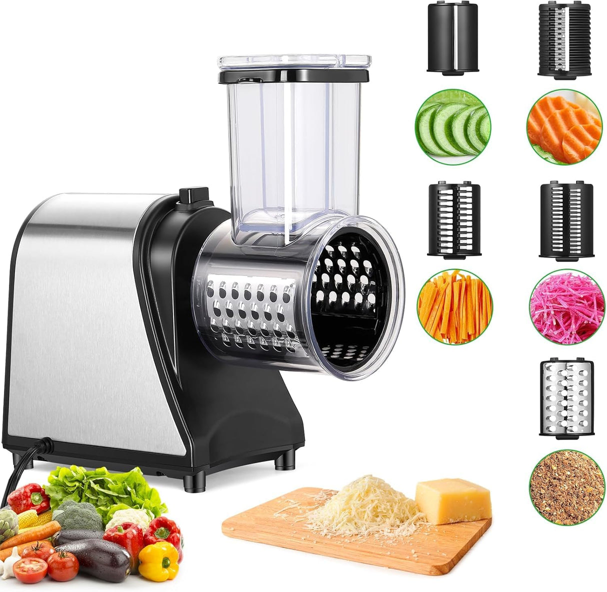 COOCHEER - Cortador eléctrico de verduras (250 W, calibre grande, mejorado, de acero inoxidable, con 5 cuchillas para varios vegetales