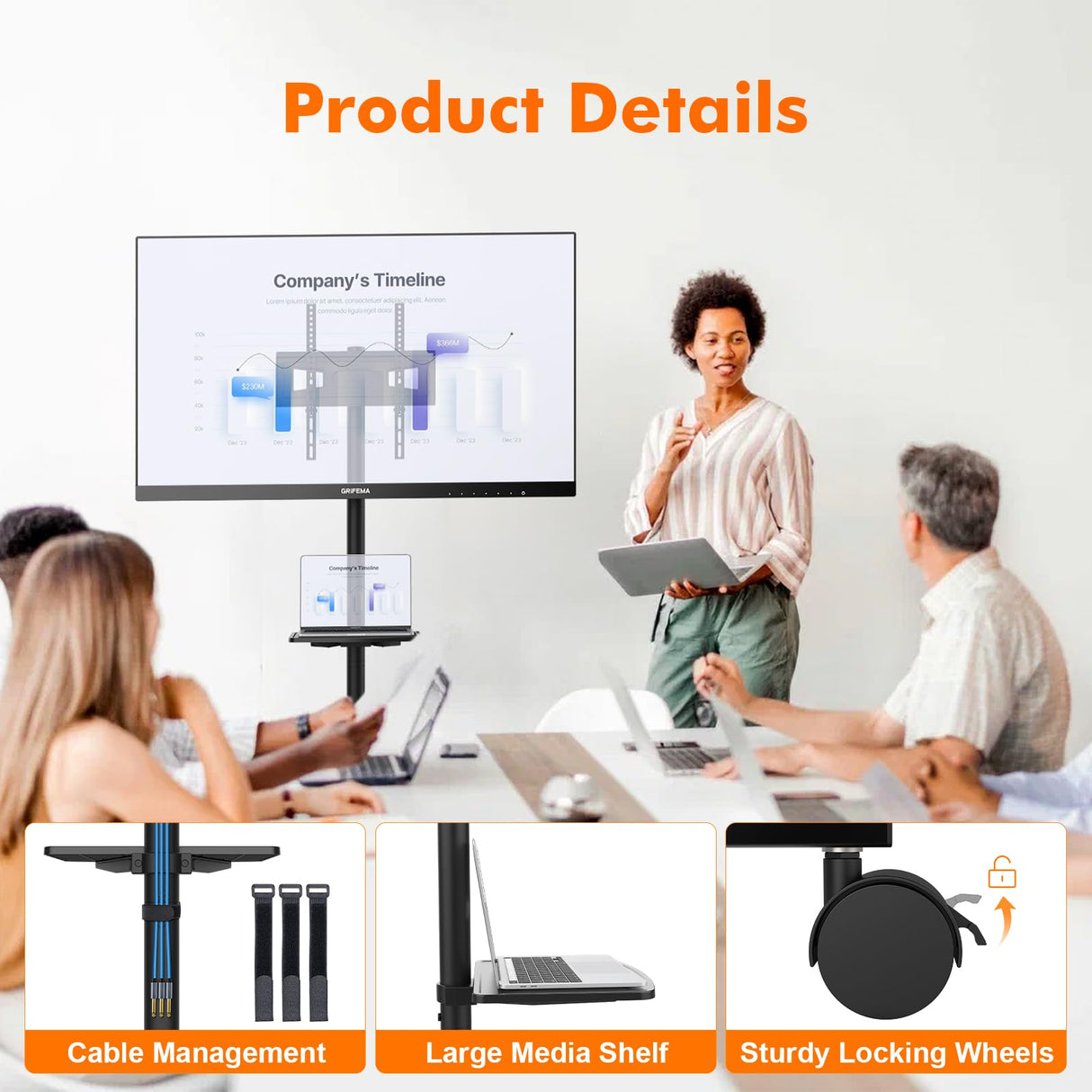 GRIFEMA GB3001 Soporte TV Ruedas para Televisores de Plasma/LCD/LED hasta 65 Pulgadas, Soporte TV Pie con Estante para Portátil, hasta 40 kg, VESA MÁX. 400x400mm, black