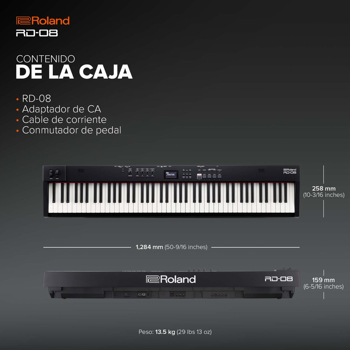 Piano de escenario Roland RD-08 | Sonido y ejecución RD auténticos | Diseño estilizado | Teclado PHA-4 contrapesado de 88 notas | Características ampliables | +3.000 sonidos integrados