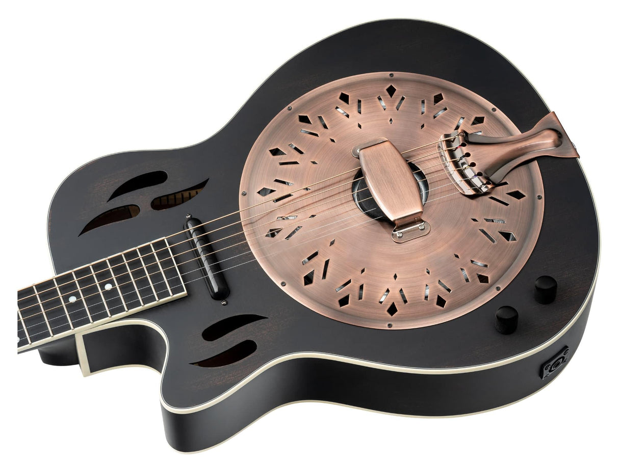 Ortega Guitars Guitarra resonadora para zurdos – Americana Series – electroacústica con barra de labios – caoba con acabado negro satinado desgastado negro (RRG40CE-DBK-L)