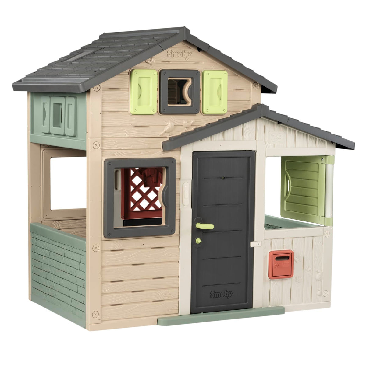 Smoby Life - Casa de Juegos Friends House EVO con 2 Puertas, 6 Ventanas – Fabricada en Material Reciclado, Protección UV, para Niños a Partir de 3 Años (7600810208)
