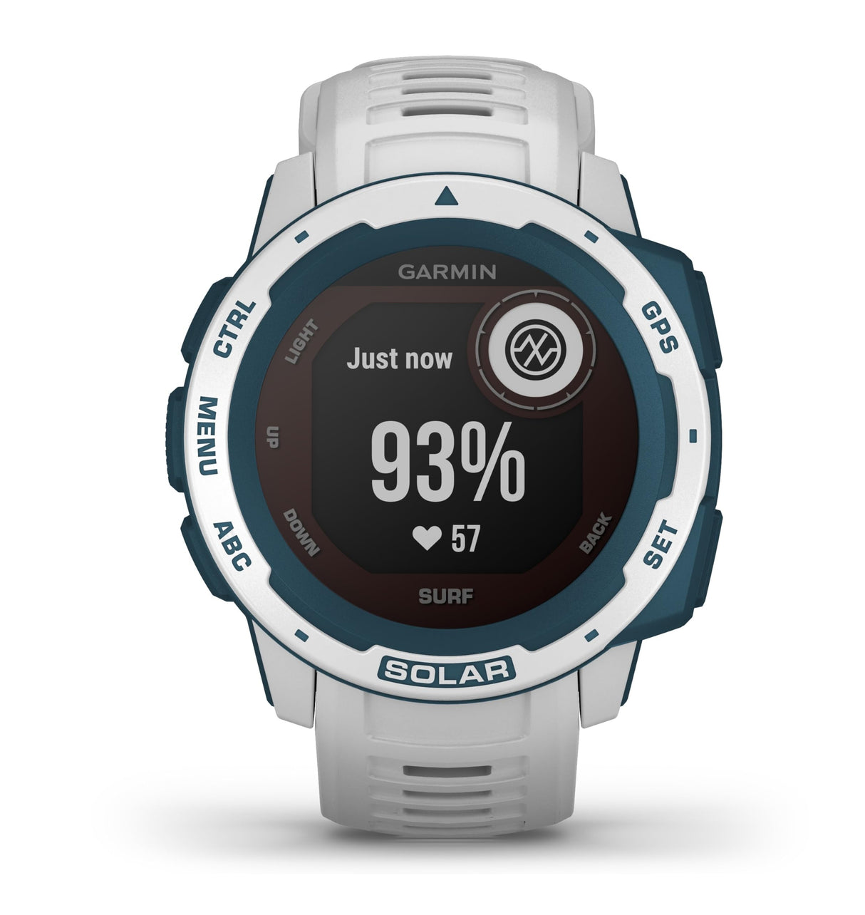 Garmin Instinct Surf Solar, Reloj inteligente con GPS resistente al agua, funciones deportivas de surf, carga solar, pulsioximetría y notificaciones del smartphone, Blanco