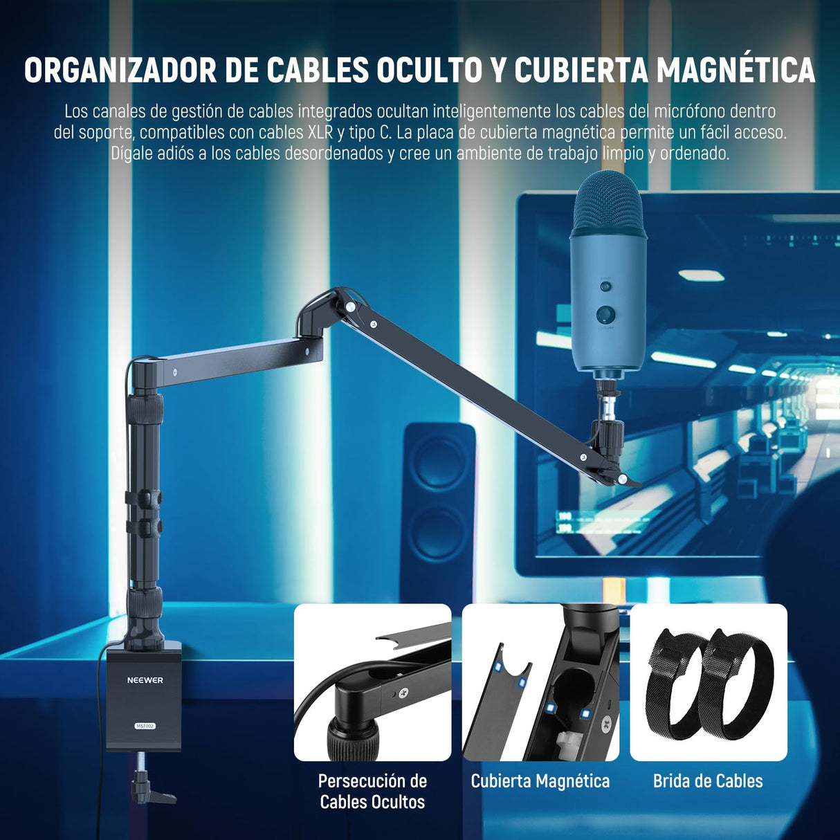NEEWER Soporte Escritorio con Mic Brazo Perfil Bajo con Amortiguación, 360° Brazos Articulados Giratorios con Poste Elevado y Canales Gestión Cables para Micrófono, Podcast, Streaming, Zoom, MST002