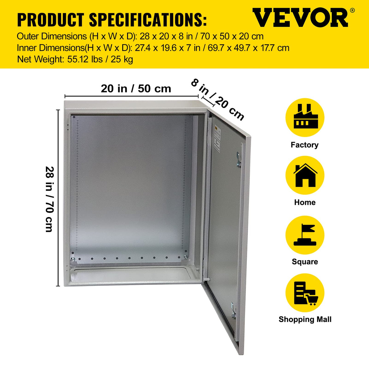 VEVOR Caja eléctrica 70 x 50 x 20 cm caja para exteriores IP65 resistente al agua y al polvo caja de conexiones con bisagras de acero al carbono laminado en frío para uso en interiores y exteriores