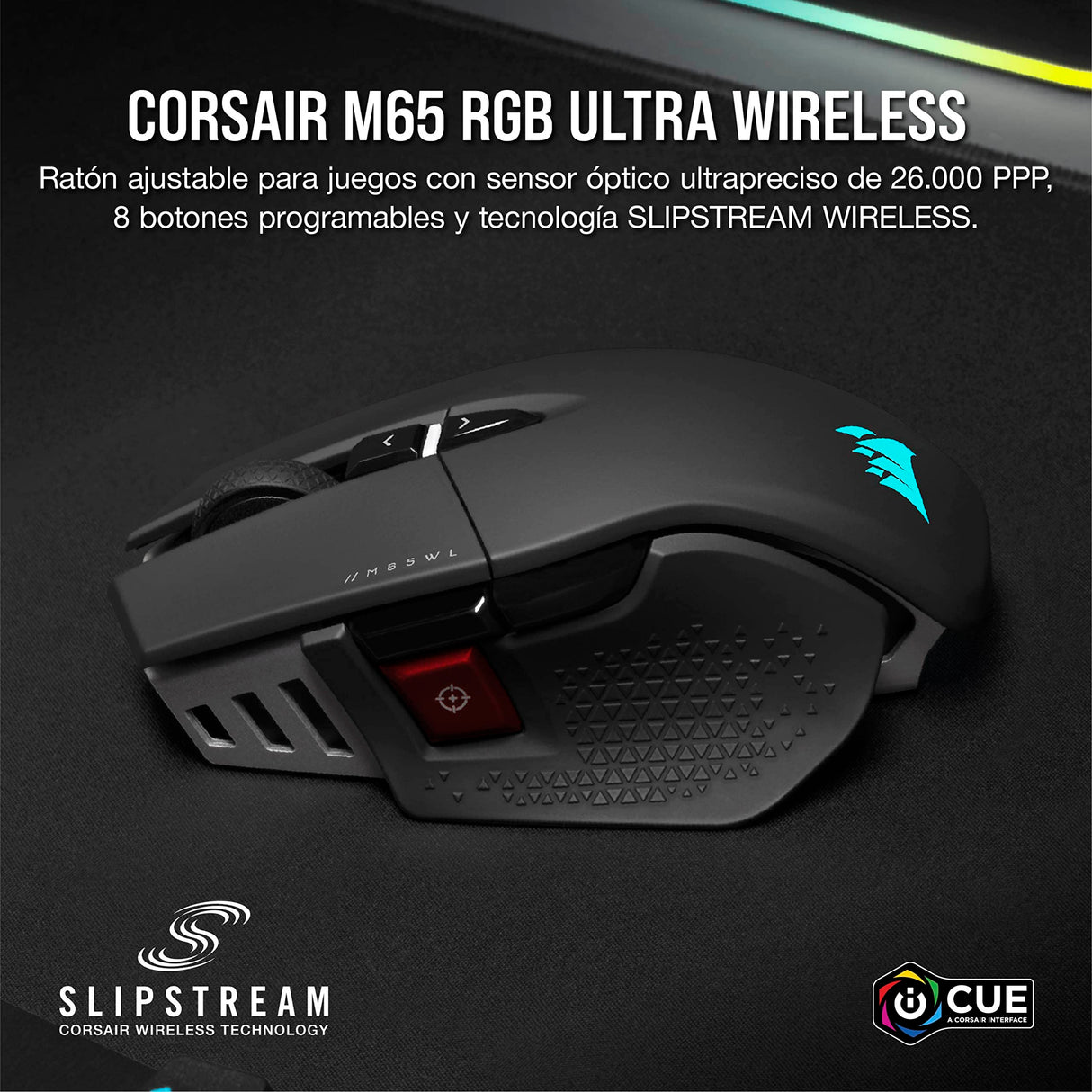 Corsair Ratón M65 RGB ULTRA WIRELESS Ratón para Juegos FPS Ajustable - 26.000 DPI - Inalámbrico Sub-1ms - Batería Hasta 120 Horas - Compatible con iCUE - PC, Mac, PS5, PS4, Xbox - Negro