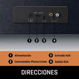 Lenco LS-430 -Tocadiscos Bluetooth - altavoces integrados 40 vatios RMS - transmisión por correa - control de tono - preamplificador - salida RCA y entrada AUX - 3,5 mm - negro