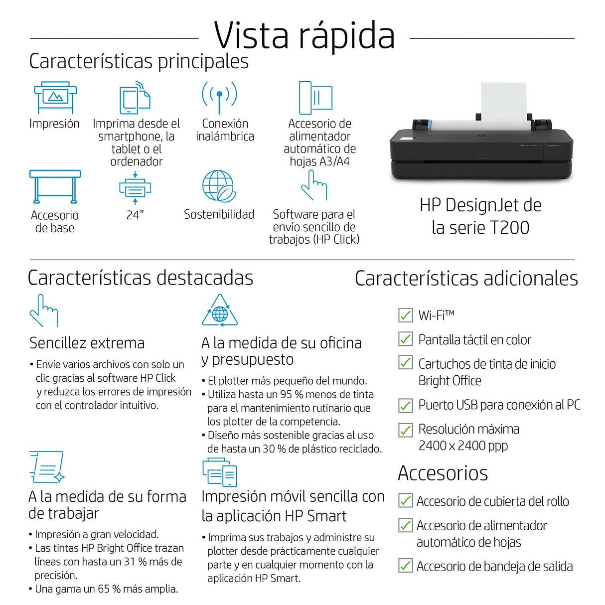 HP DesignJet T250 Impresora Plotter de Gran Formato, de 24 pulgadas, hasta A1, Impresión Móvil, Wi-Fi, Gigabit Ethernet, USB 2.0 de alta velocidad, Garantía de 2 años (5HB06A)