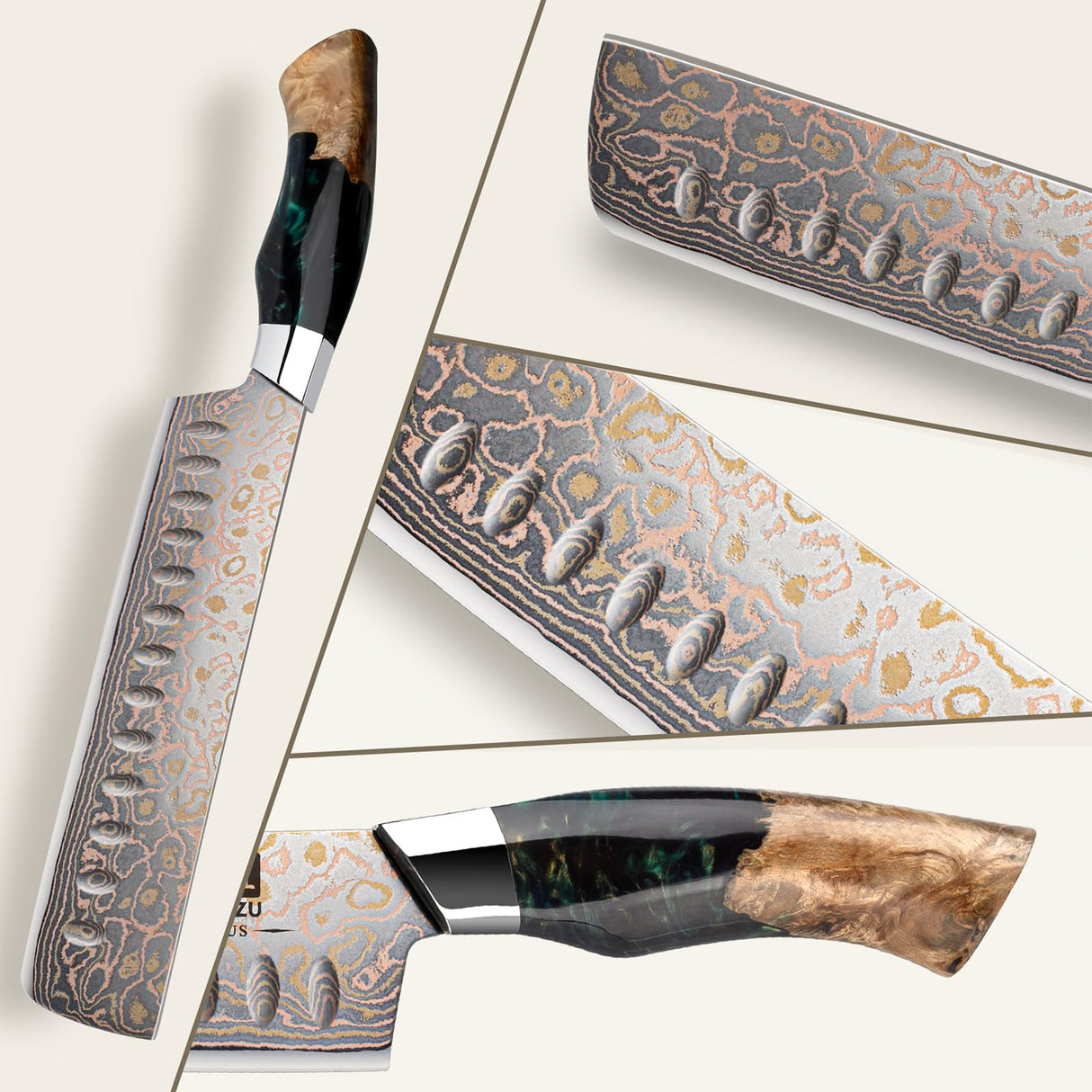 SHAN ZU Cuchillo Nakiri Damasco de Cobre y Acero 33 capas, Cuchillo de Cocina Damas, Cuchillo para Verdura Japonés Forjado a Mano con Mango de Madera de Arce - VENUS Series
