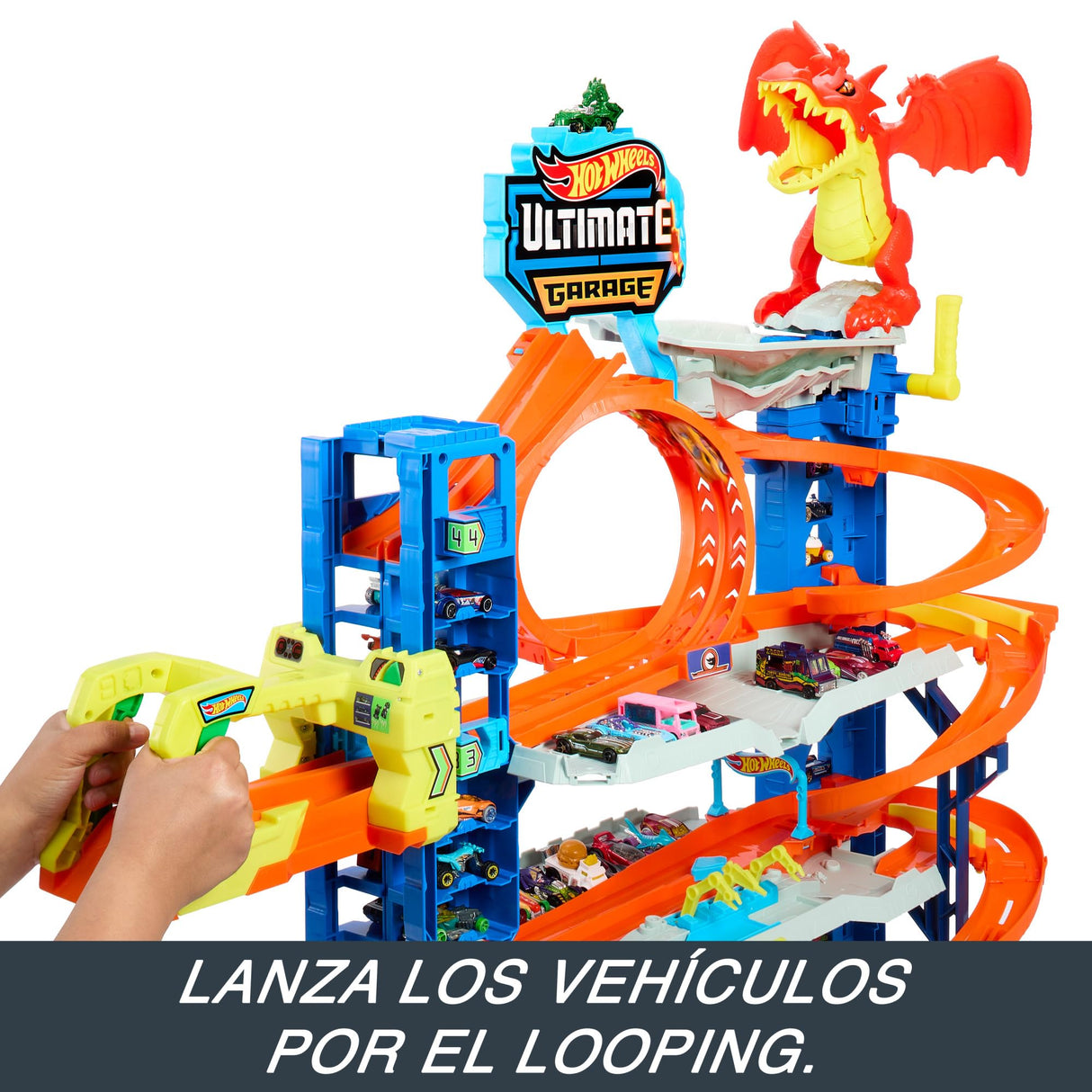 Hot Wheels City “Let's Race - ¡a Correr!” Netflix - Garaje definitivo Pista para Coches de Juguete con dragón y 4 Niveles, Incluye 2 vehículos, +4 años (Mattel HKX48)