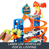 Hot Wheels City “Let's Race - ¡a Correr!” Netflix - Garaje definitivo Pista para Coches de Juguete con dragón y 4 Niveles, Incluye 2 vehículos, +4 años (Mattel HKX48)