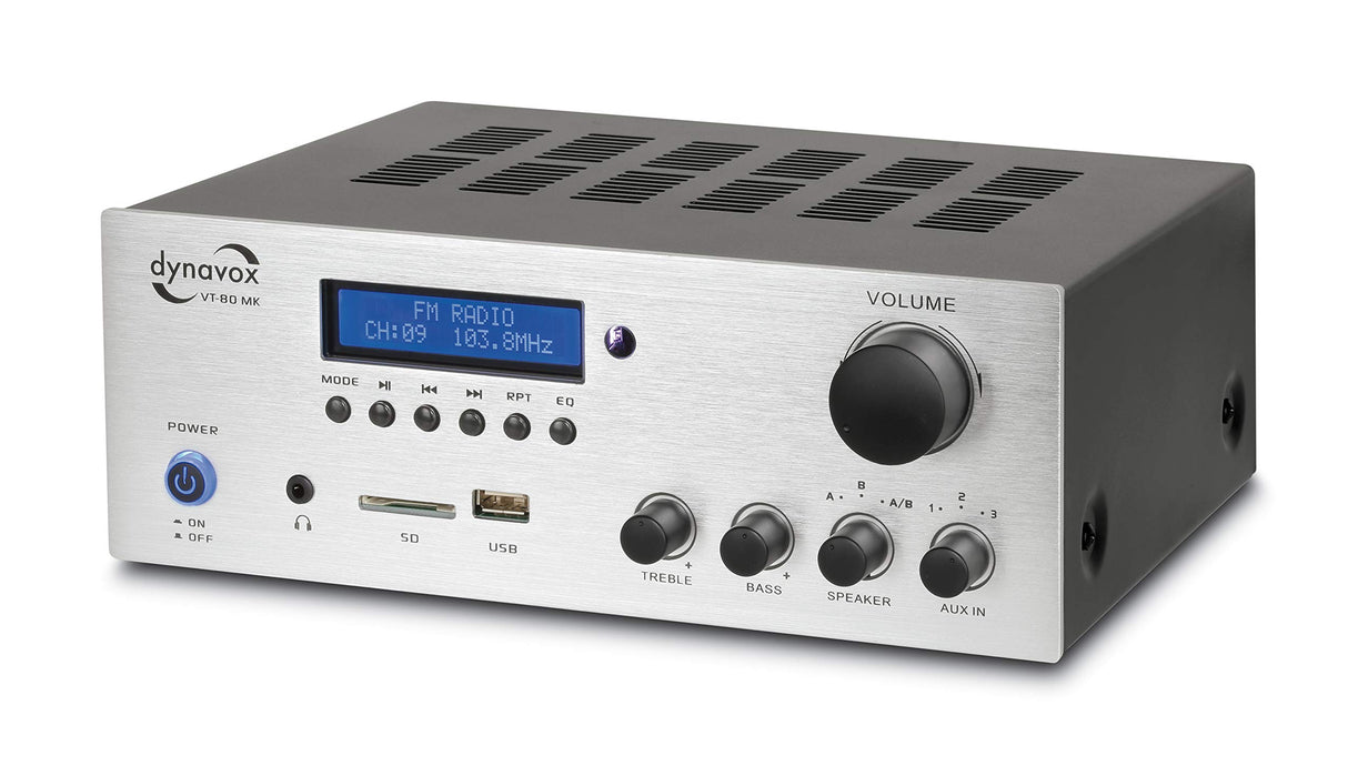 Dynavox VT-80 MK Amplificador estéreo Compacto, 4 terminales de Altavoz atornillables, Control Remoto para entradas Digitales (USB, Tarjeta SD), Antena BT integrada y Radio FM, Plateado