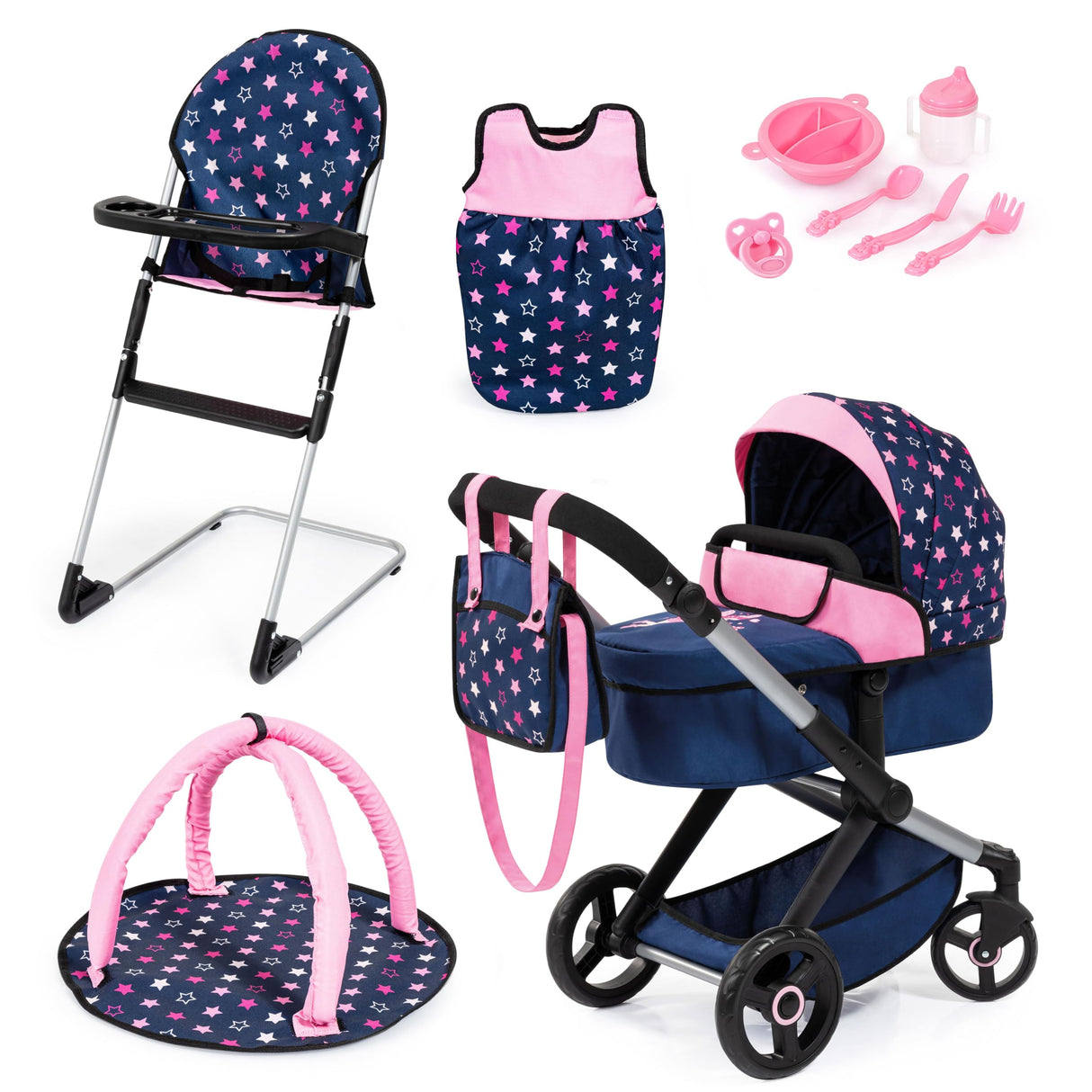 Bayer Design 17016AD Cochecito de muñeca XEO, Convertible, Regulable en Altura, Trona para muñeco bebé, Bolsa, Saco de Dormir, Gimnasio Actividades, Accesorios