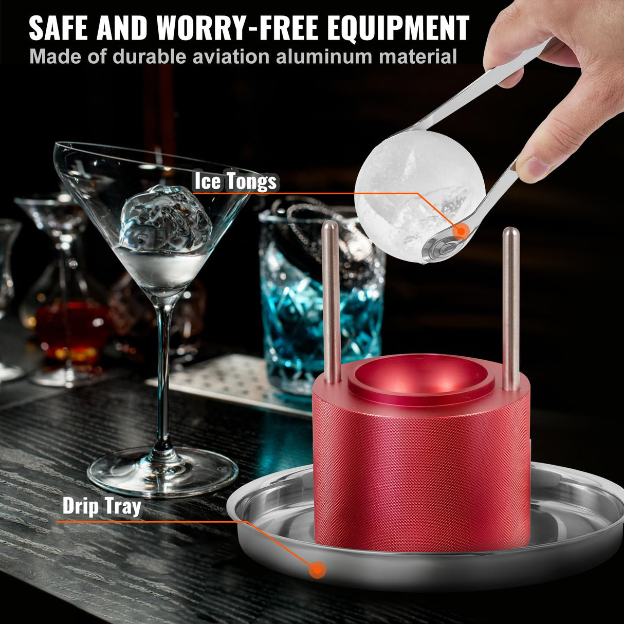 VEVOR Prensa para Bolas de Hielo 2,4" Kit de Aleación de Avión para Esferas de 60mm, Con Pinza y Bandeja de Goteo, para Whisky, Cocktail, Rojo