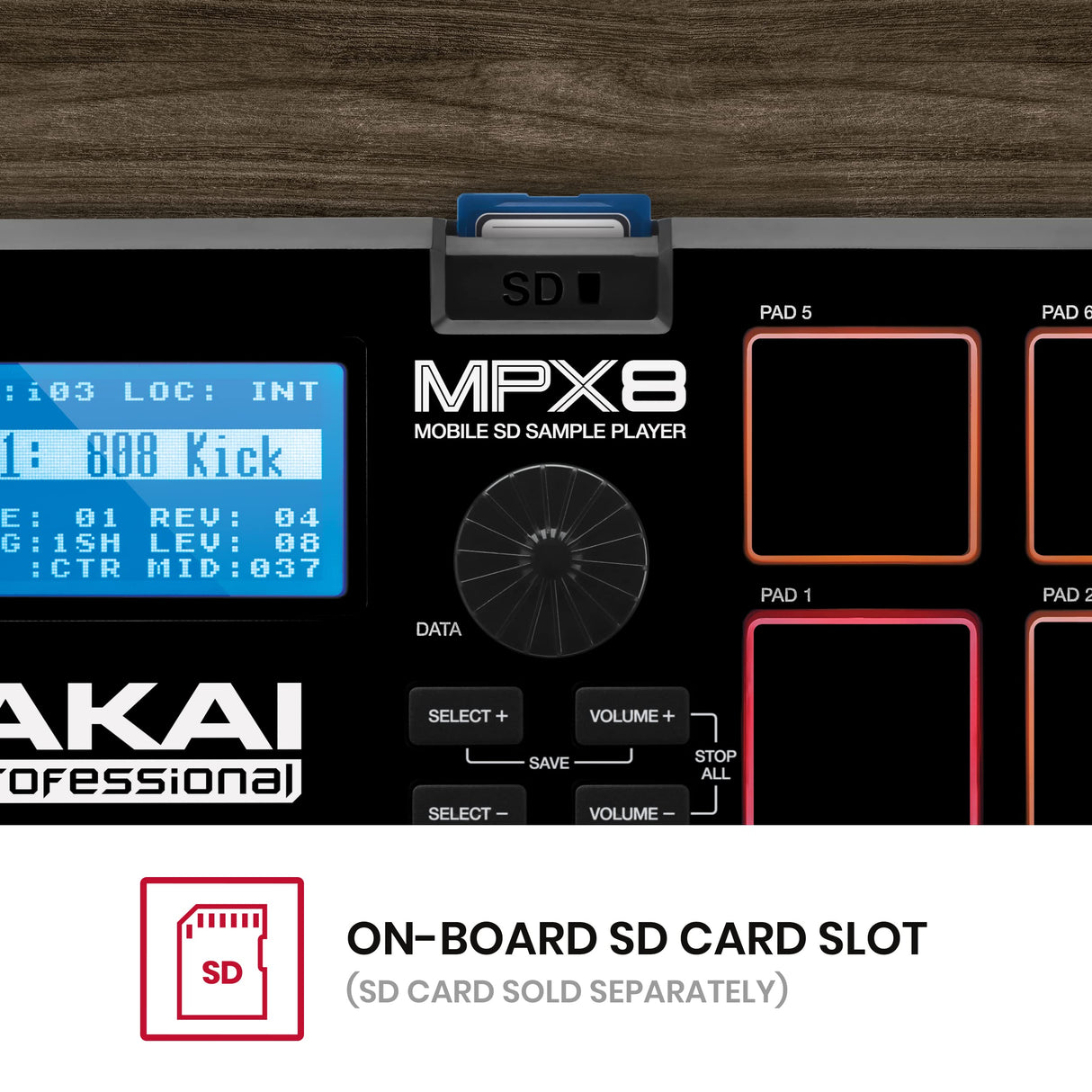 AKAI Professional MPX8 - Controlador USB MIDI y lanzador de samples portátil con 8 pads sensibles a la velocidad y ranura para tarjeta SD