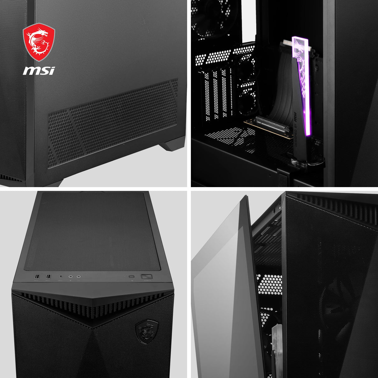 Msi MPG Gungnir 300P Airflow Caja PC Mid-Tower Capacidad E-ATX, 4 x 120 mm Fans, 3 Auxiliares Fans, PCIe 4.0 Cable Riser, Soporte Vertical GPU y Stand, Filtros Antipolvo, Guía de Cables, USB Tipo-C