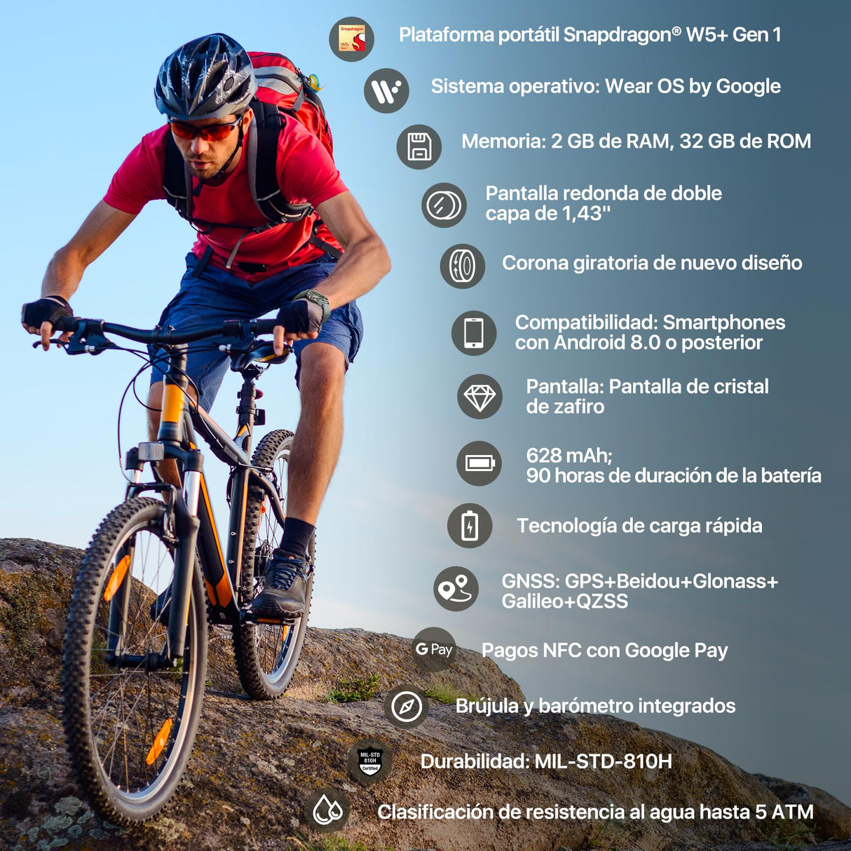 Ticwatch Pro 5 Enduro Slate Smartwatch para Hombres 1.43 "Android Wear OS Reloj Inteligente 90 Horas de batería 110+ Modos de Entrenamiento 7/24 Ritmo cardíaco No es Compatible con iPhone/iOS