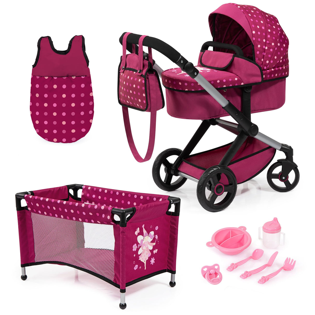 Bayer Design 17067AB Cochecito de muñeca XEO, Convertible, Regulable en Altura, Cuna de Viaje, Bolsa, Saco de Dormir, Accesorios