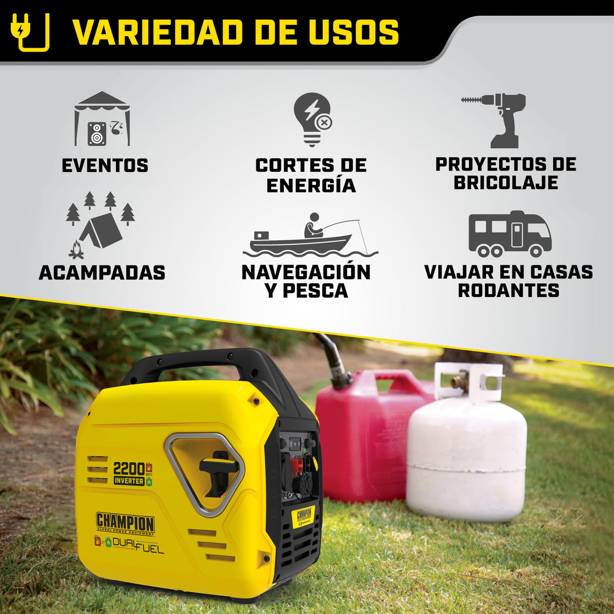 Champion 2200 "The Mighty Atom" (generador de combustible dual GLP/gasolina, 2,2 kW, con indicadores LED, con modo ECO) 92001i-DF-EU
