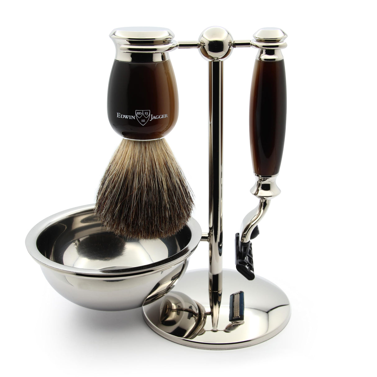 Edwin Jagger S81M582BAMZ Set de Afeitado Clásico Imitación Cuerno Ligero y Níquel con Cazoleta con Brocha de Afeitar de Tejón Puro y Maquinilla Mach 3 para Crema o Jabón de Afeitar para Hombre