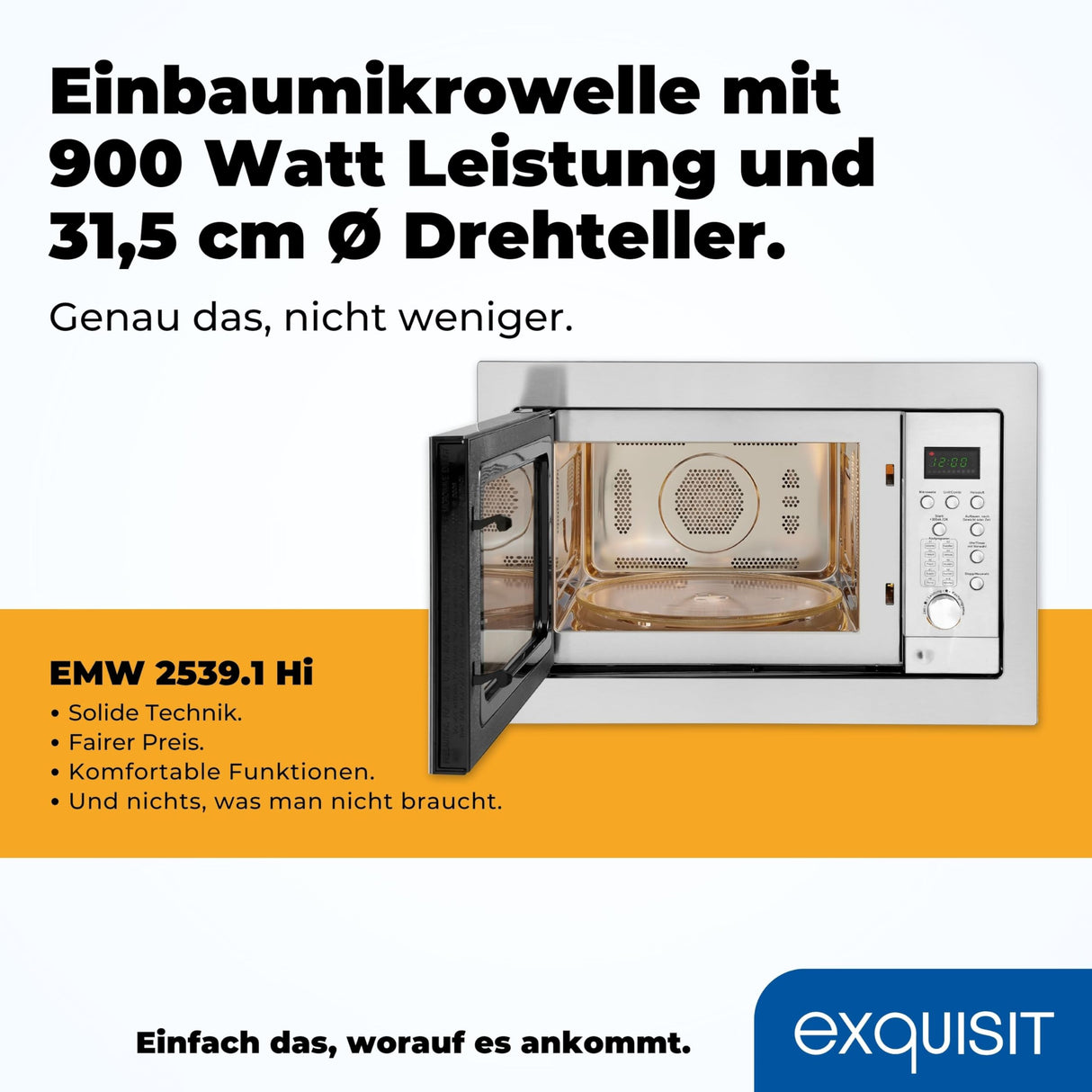 Exquisit® Microondas Combi de Encastre con Marco, 25L, 900W, Grill 1100W, 10 Niveles de Potencia en Función Convección, Acabado Acero Inox, Display Digital, Plato 31,5Cm, Medidas 38,2x59,5x1,9 Cm.