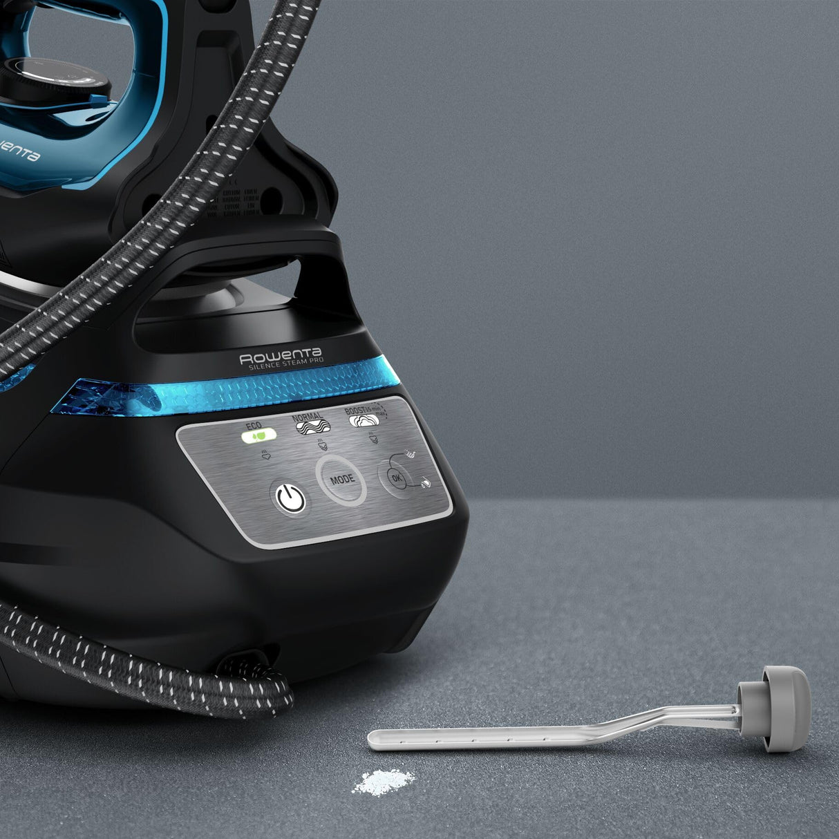 Rowenta Silence Steam Pro DG9222 Centro de planchado, autonomía ilimitada de 7,5 bares, golpe vapor 450 g/min, continuo de 140 g/min, suela Microsteam Laser 400, función Eco, azul