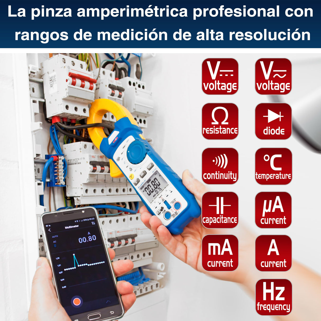 PeakTech 1670 - Pinza Amperimétrica RMS 4.0 Bluetooth y Aplicación 1000A Ac/Dc, Lámpara Led, 50000 Cuentas, Multímetro, Tuv/Gs, Pinza de Corriente, Medidor de Voltaje, Medidor de Corriente