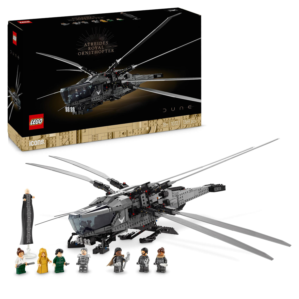 LEGO 10327 Icons Dune: Atreides Royal Ornithopter, Maqueta para Adultos, Artículo de Coleccionista, Regalo para Cinéfilos a Partir de 18 Años, 8 Minifiguras: Paul Atreides, Chani, Barón Harkonnen