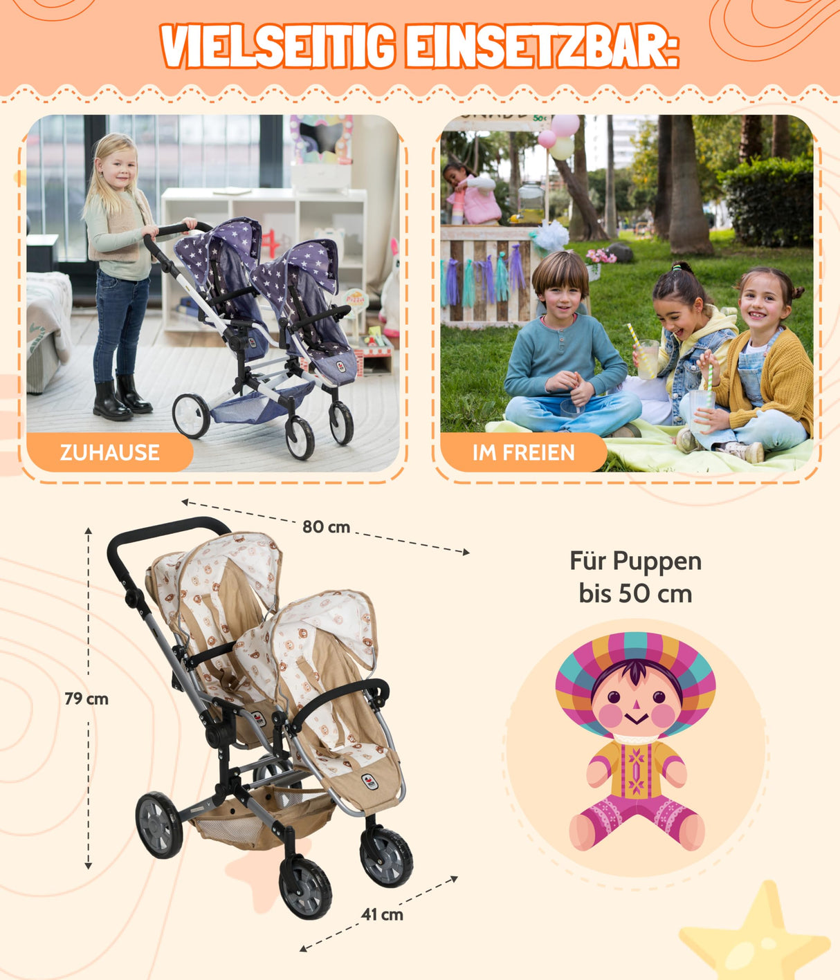 Bayer Chic 2000® Cochecito para muñecas Linus Duo – Osos Beige – Cochecito Doble Plegable – Mango Ajustable 50 – 82 cm – Muñecas de hasta 50 cm – 4-8 años